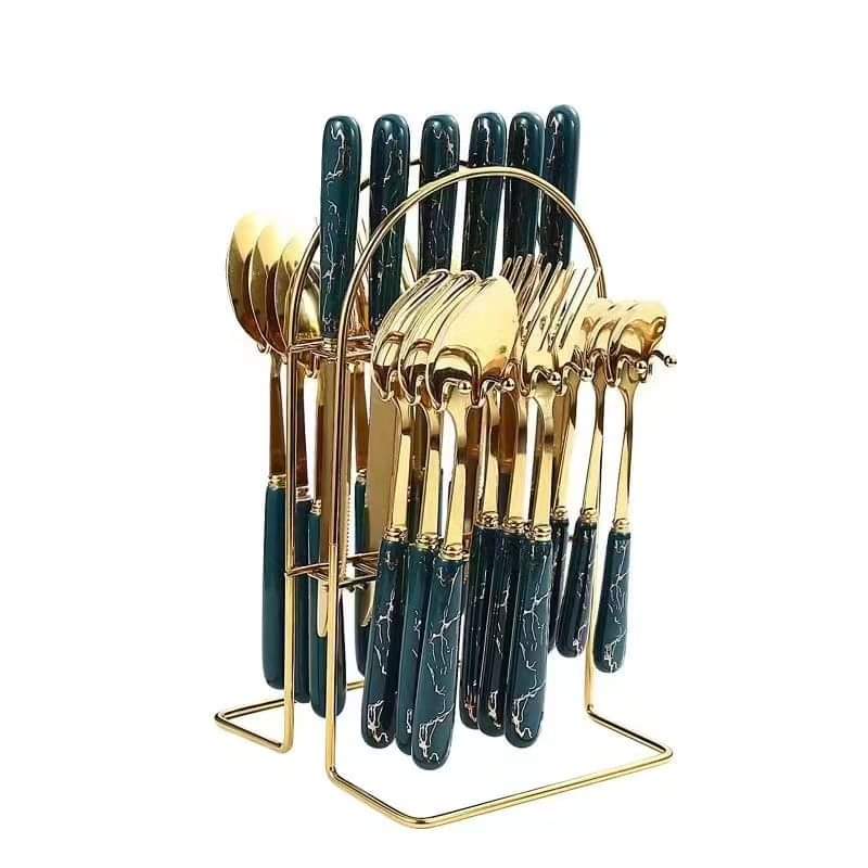 Koadclo | 24-Piece Cutlery Set – Green Handled Stainless Steel Flatware for Home & Kitchen