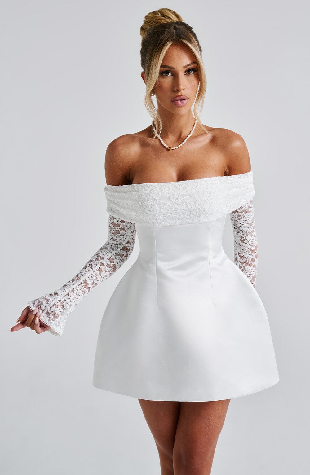 Mango | Women’s Short Lace Sleeve Off-Shoulder Dress