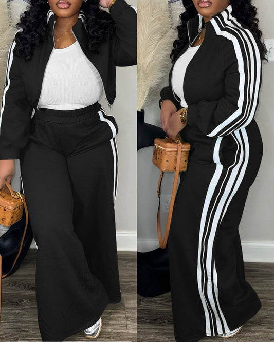 Zip Crop Jacket and Wide-Leg Pants 2-Piece Ensemble with white side stripes.