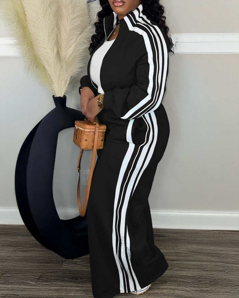 Zip Crop Jacket styled with Wide-Leg Pants Ensemble and a white top.