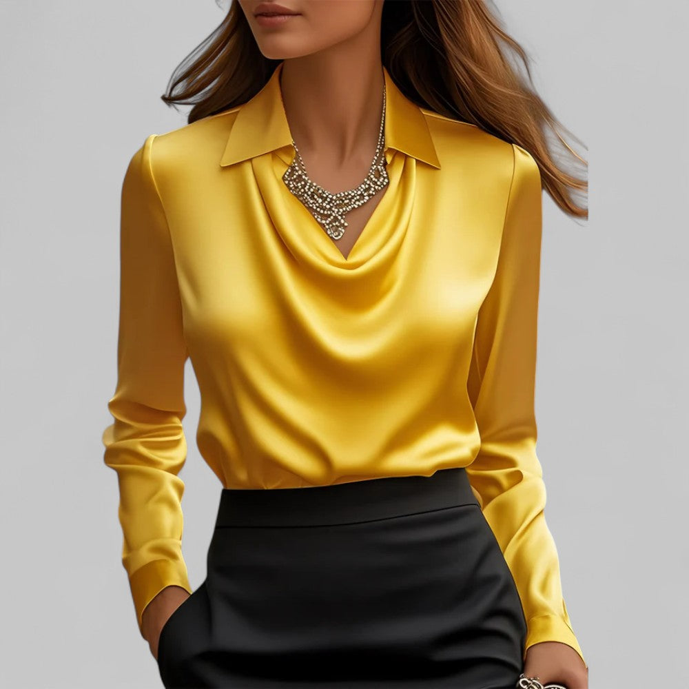 Rosita | Women’s Draped Neck Long Sleeve Satin Blouse