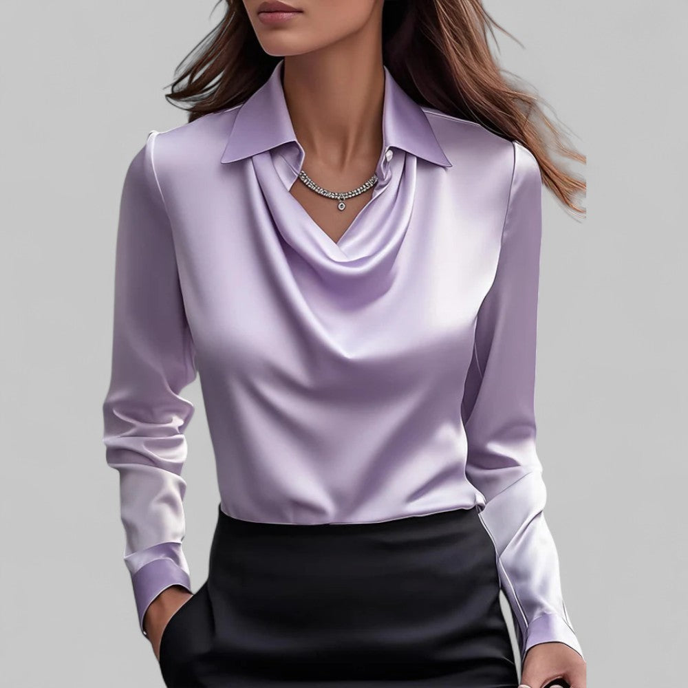 Rosita | Women’s Draped Neck Long Sleeve Satin Blouse
