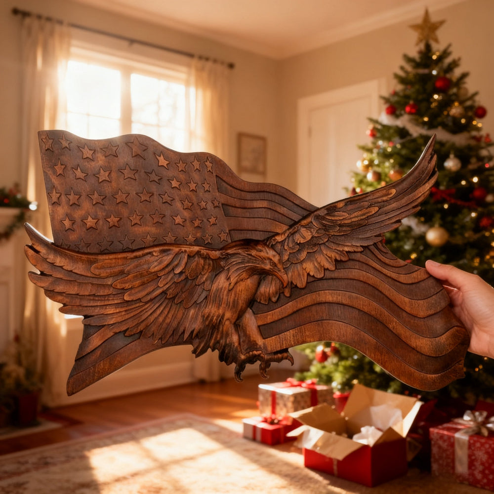 koadclo | Rustic American Flag Wall Art - Carved Eagle Wood Sculpture
