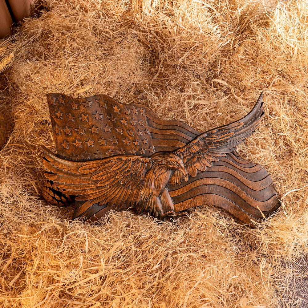 koadclo | Rustic American Flag Wall Art - Carved Eagle Wood Sculpture