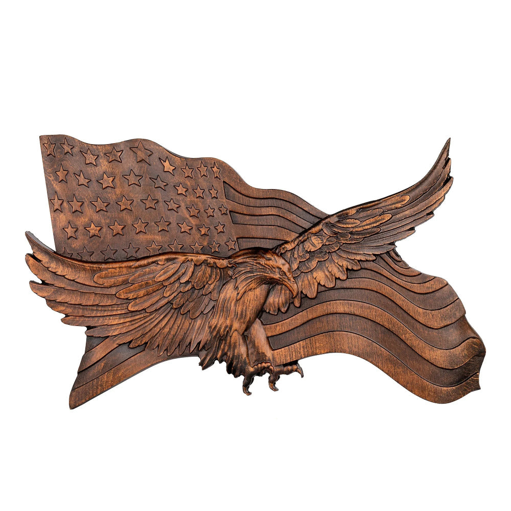 koadclo | Rustic American Flag Wall Art - Carved Eagle Wood Sculpture