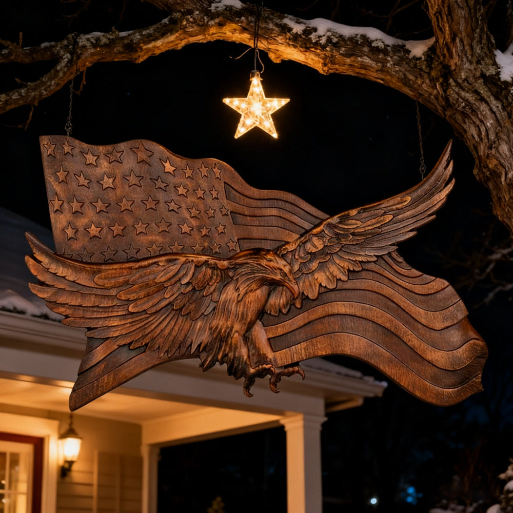 koadclo | Rustic American Flag Wall Art - Carved Eagle Wood Sculpture