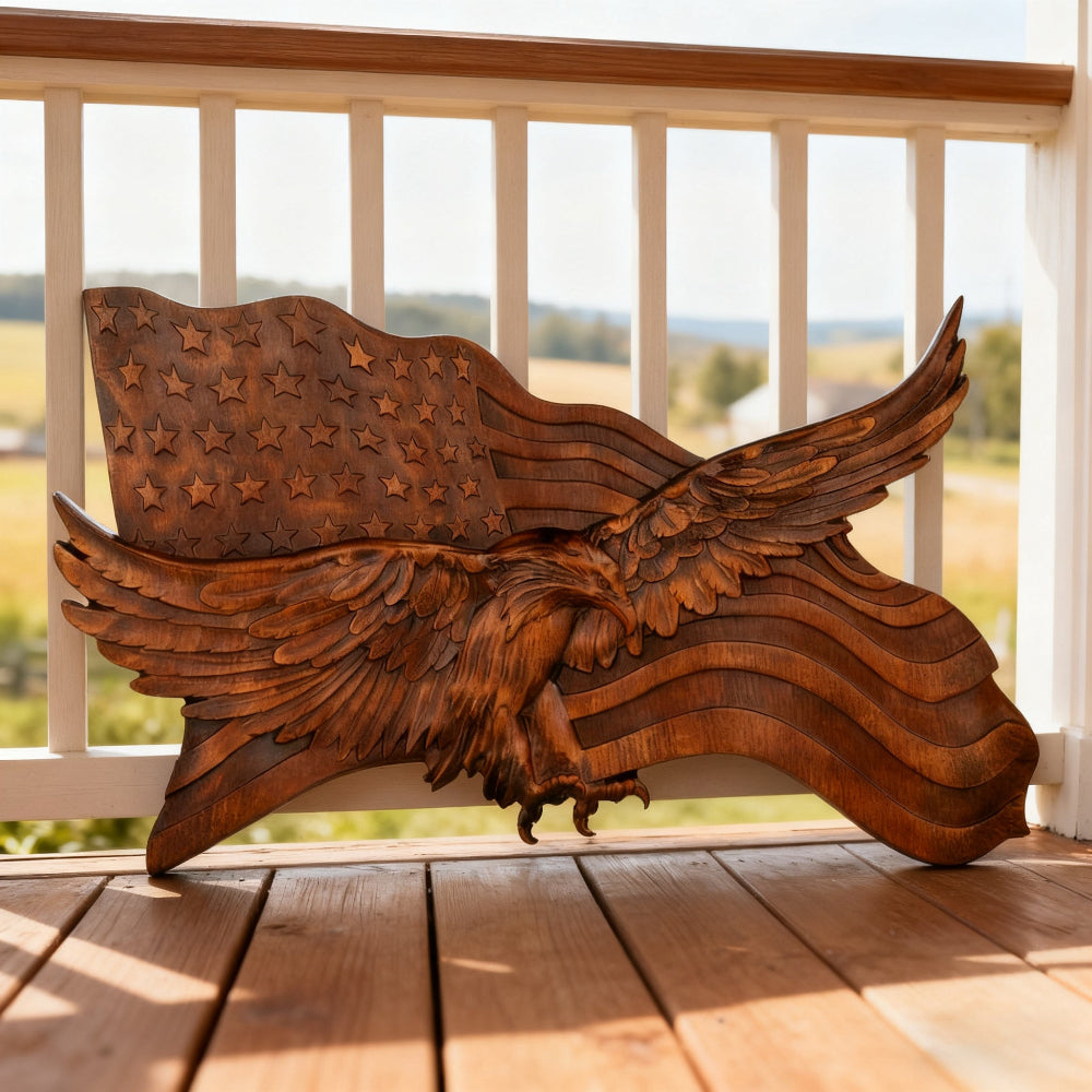 koadclo | Rustic American Flag Wall Art - Carved Eagle Wood Sculpture