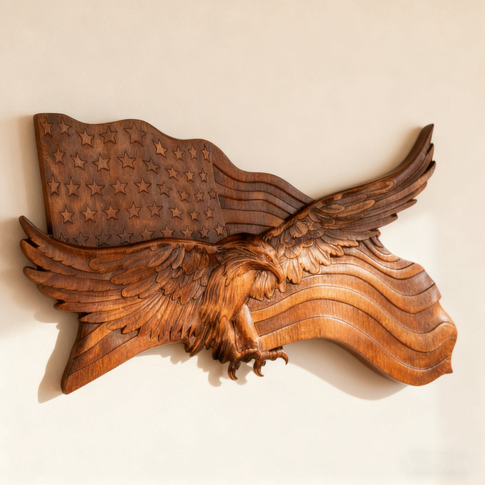 koadclo | Rustic American Flag Wall Art - Carved Eagle Wood Sculpture