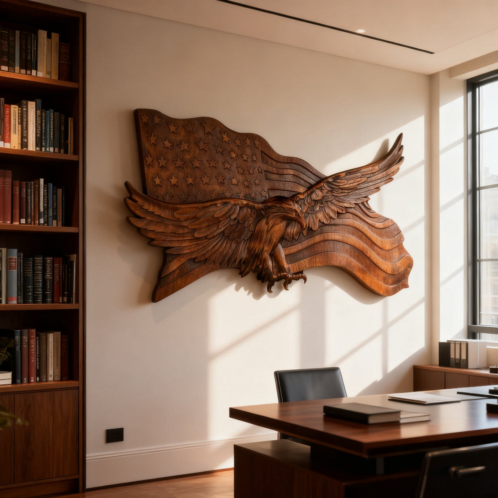 koadclo | Rustic American Flag Wall Art - Carved Eagle Wood Sculpture