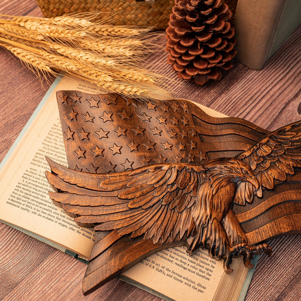 koadclo | Rustic American Flag Wall Art - Carved Eagle Wood Sculpture