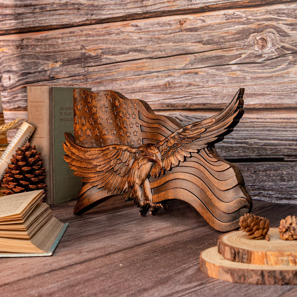 koadclo | Rustic American Flag Wall Art - Carved Eagle Wood Sculpture