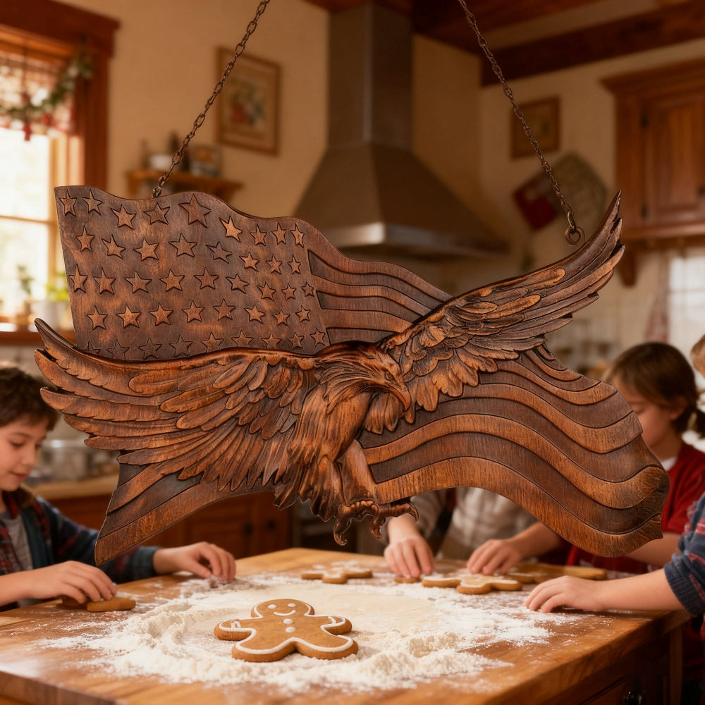koadclo | Rustic American Flag Wall Art - Carved Eagle Wood Sculpture