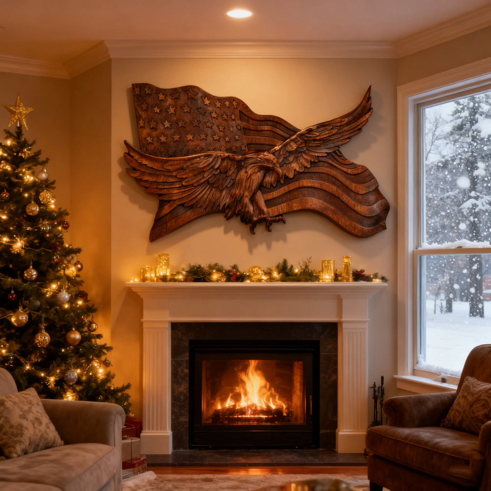 koadclo | Rustic American Flag Wall Art - Carved Eagle Wood Sculpture