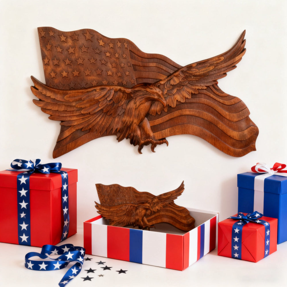 koadclo | Rustic American Flag Wall Art - Carved Eagle Wood Sculpture