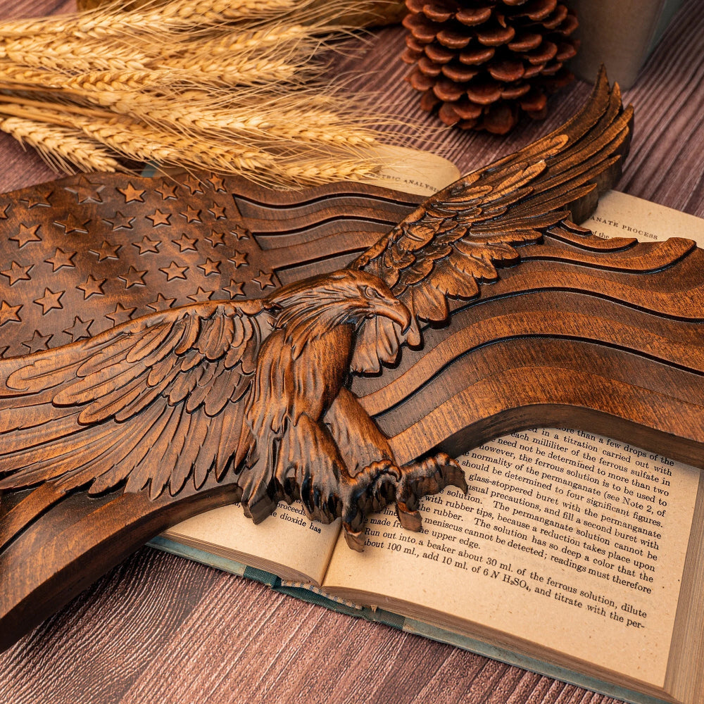 koadclo | Rustic American Flag Wall Art - Carved Eagle Wood Sculpture