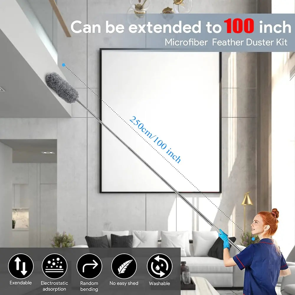 Koadclo | Telescopic Dust Duster with Extra Long Microfiber Head – Includes 3 Free Replacement Cleaning Heads