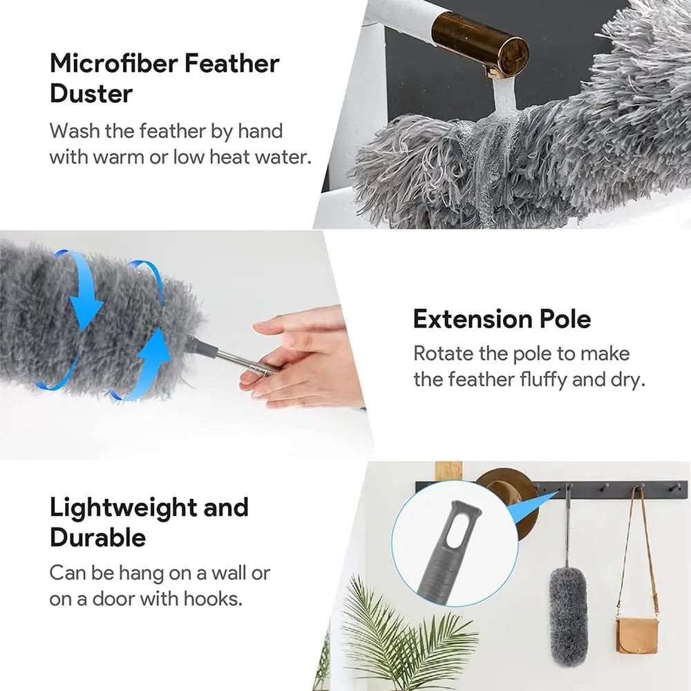 Koadclo | Telescopic Dust Duster with Extra Long Microfiber Head – Includes 3 Free Replacement Cleaning Heads