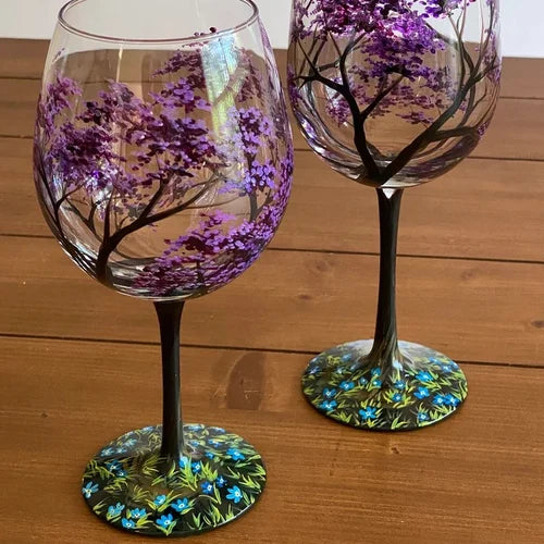 Amtn Club | Hand Painted Four Seasons Tree Wine Glasses – Unique Art Crystal Stemware Set