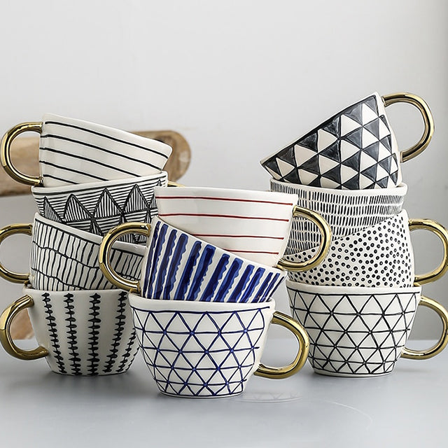 Koadclo | Abstract Geometric Pattern Cup with Gold Handle