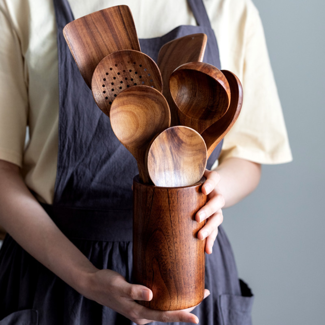 koadclo | Wooden Kitchen Utensils Set in Teak Finish