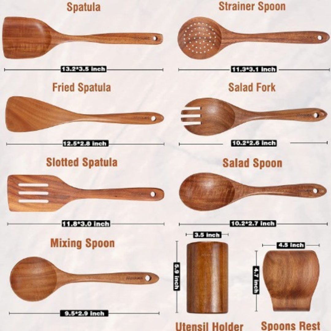 koadclo | Wooden Kitchen Utensils Set in Teak Finish