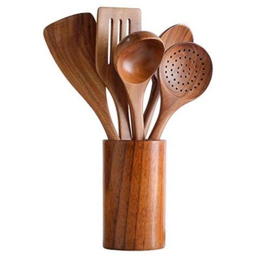 koadclo | Wooden Kitchen Utensils Set in Teak Finish